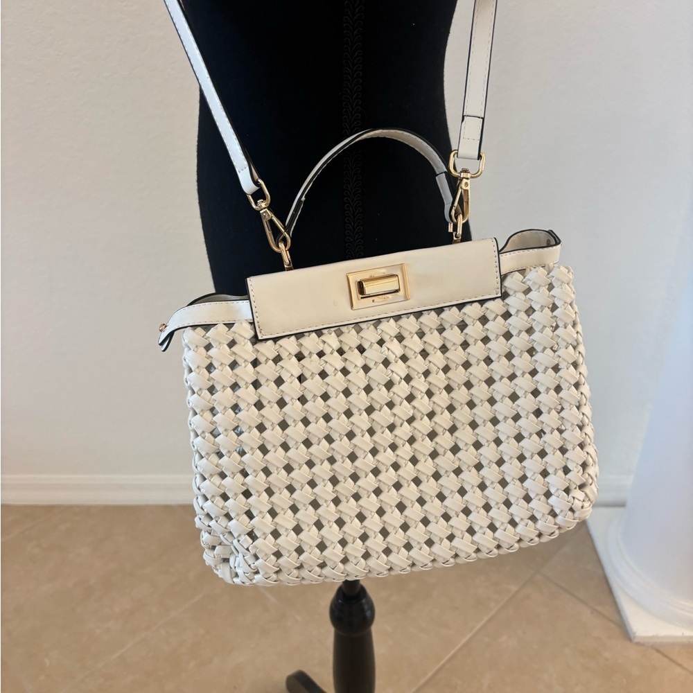 Elegant White Woven Handbag Vegan Crossbody